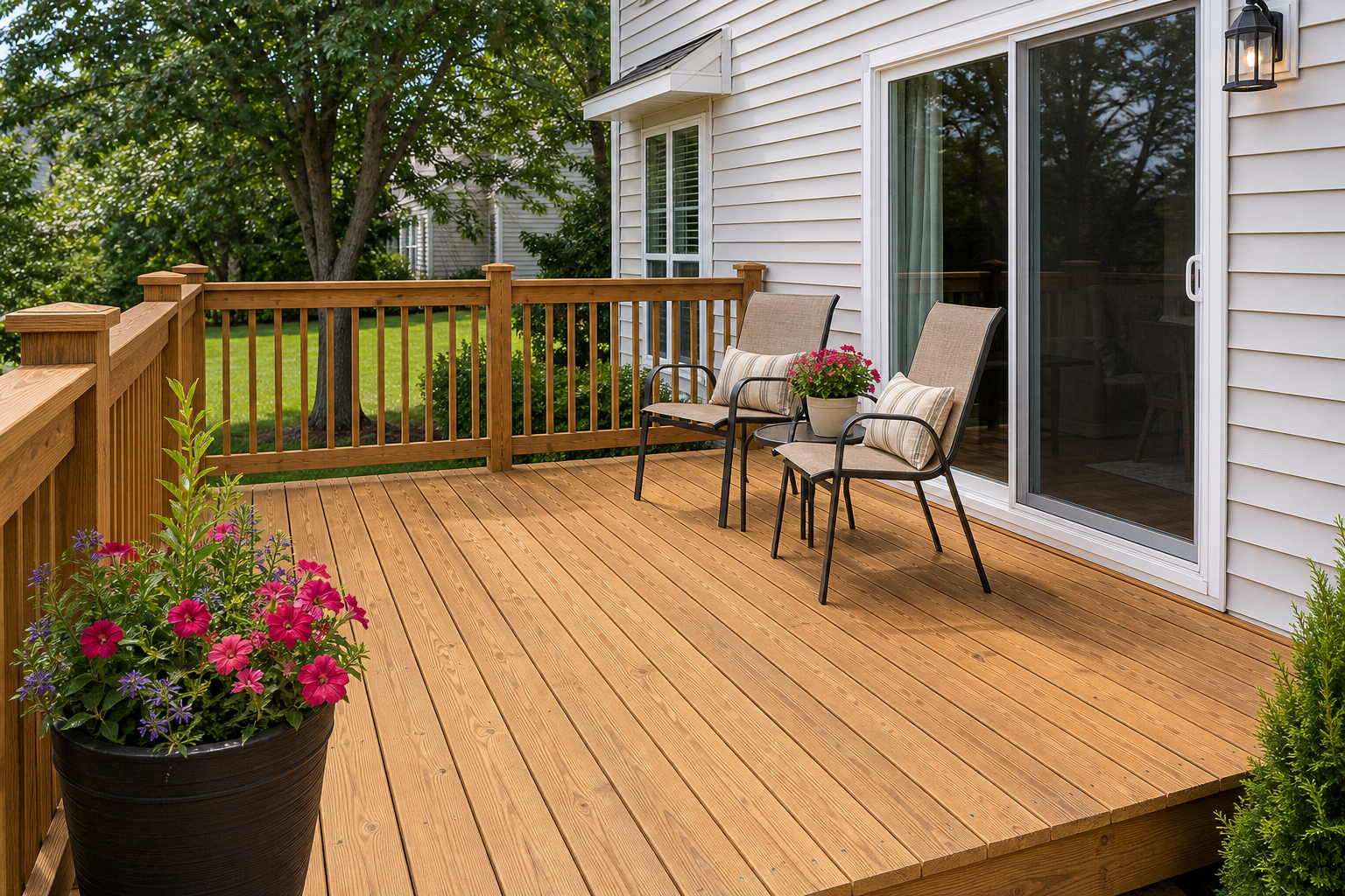 Finished deck with chairs and planters