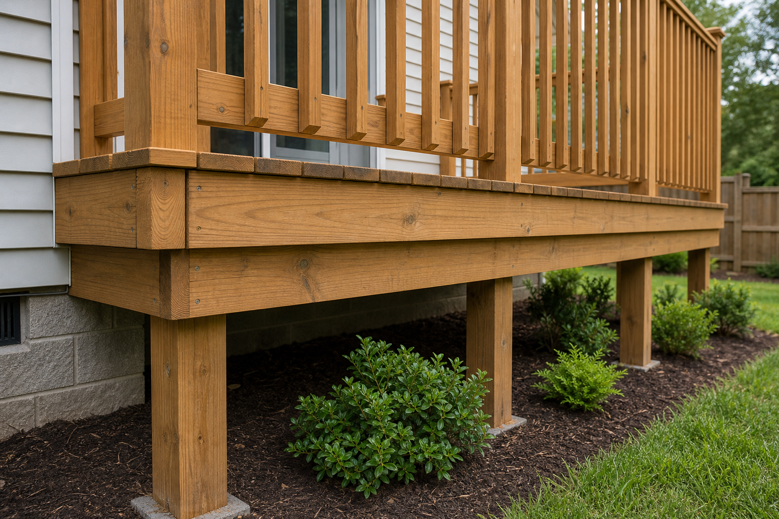 Deck posts, beams, and clean exterior trim