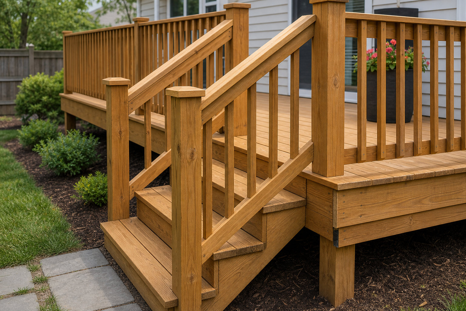 Deck stair and railing construction detail