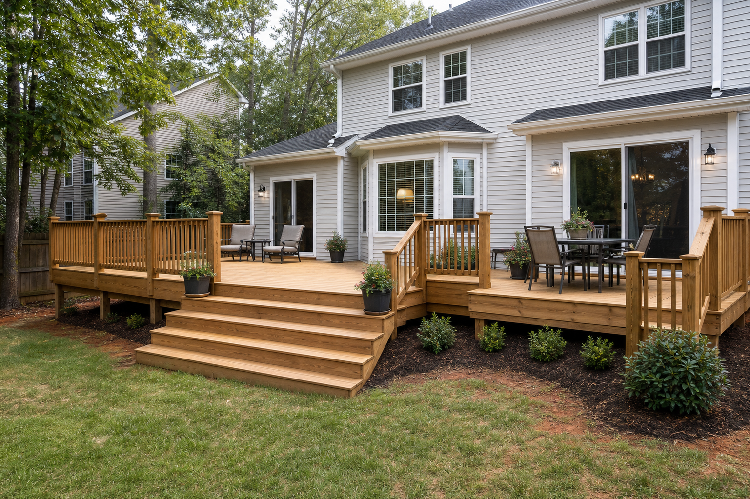Large finished suburban deck connecting two backyard areas