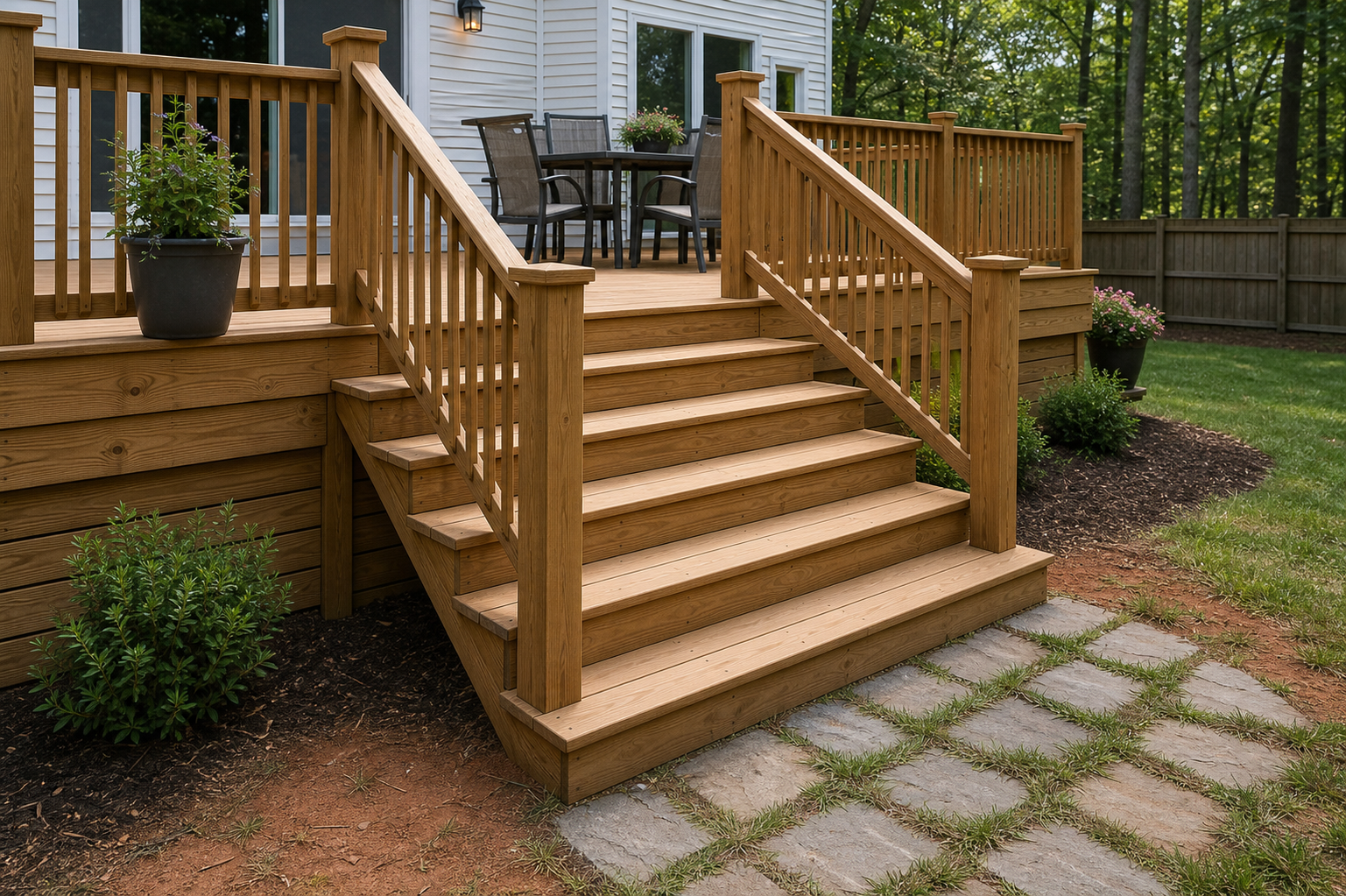 Wide deck stairs with consistent wood railings