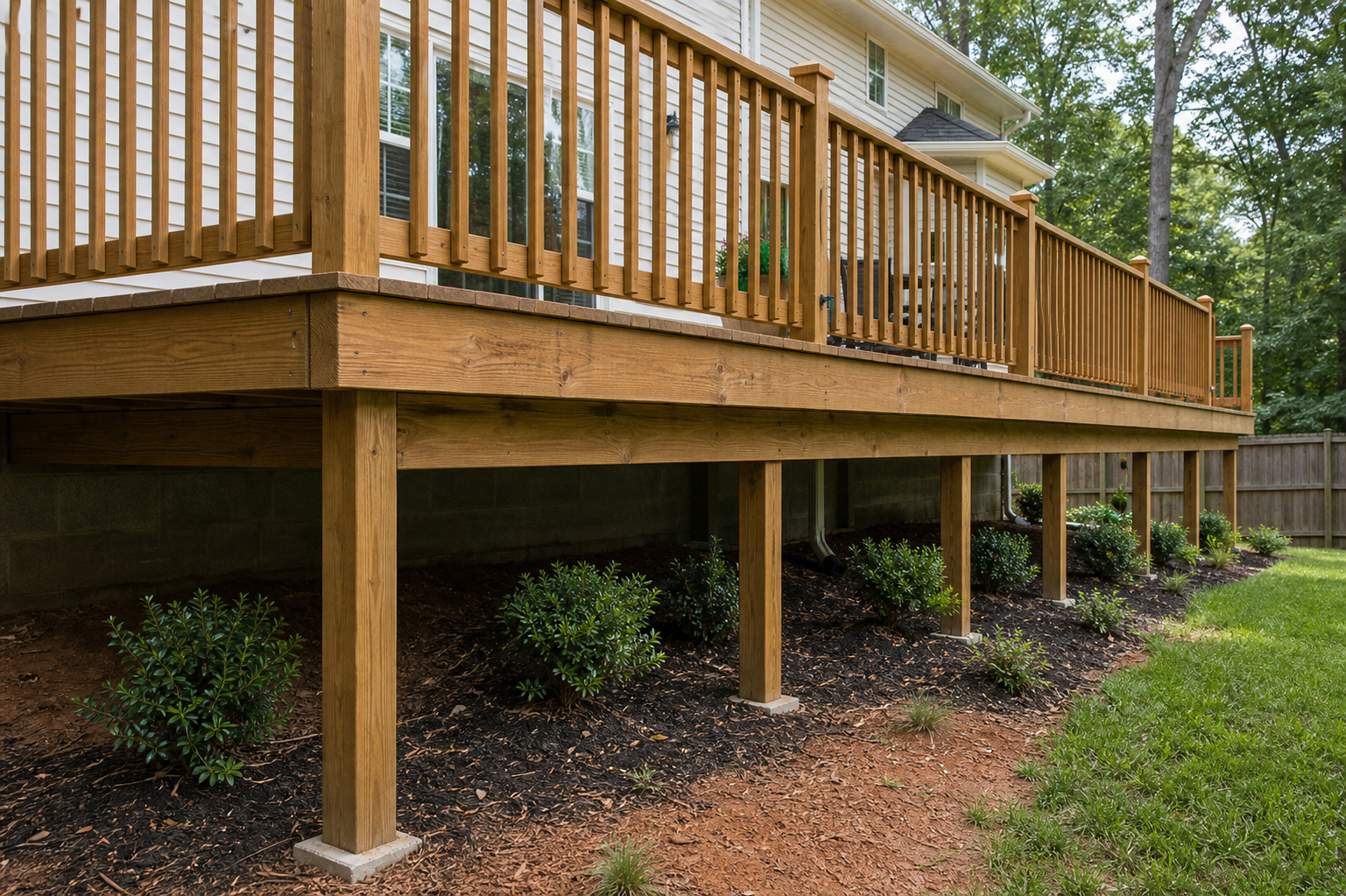 Deck posts, beams, and structural support detail