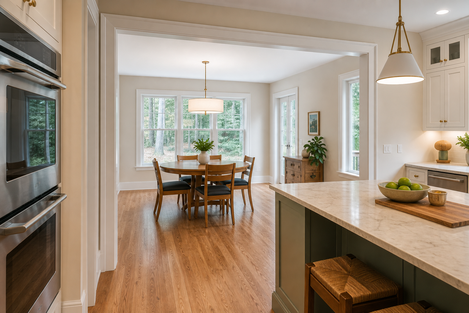 Wide finished transition from kitchen to breakfast room