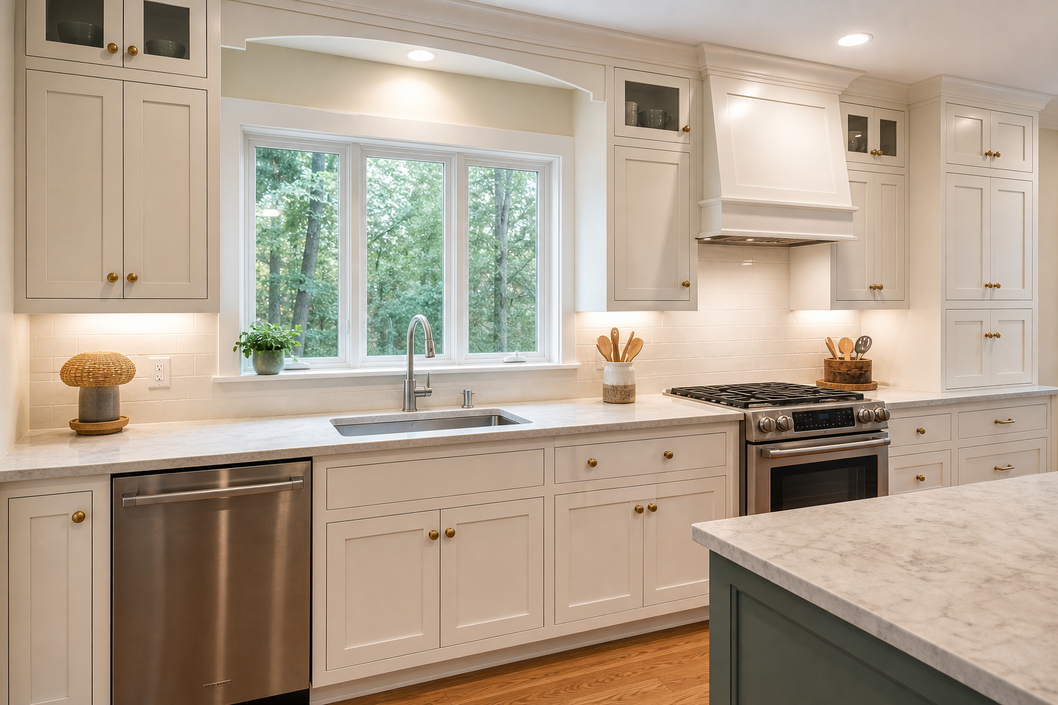 Kitchen sink, range, cabinetry, and backsplash detail